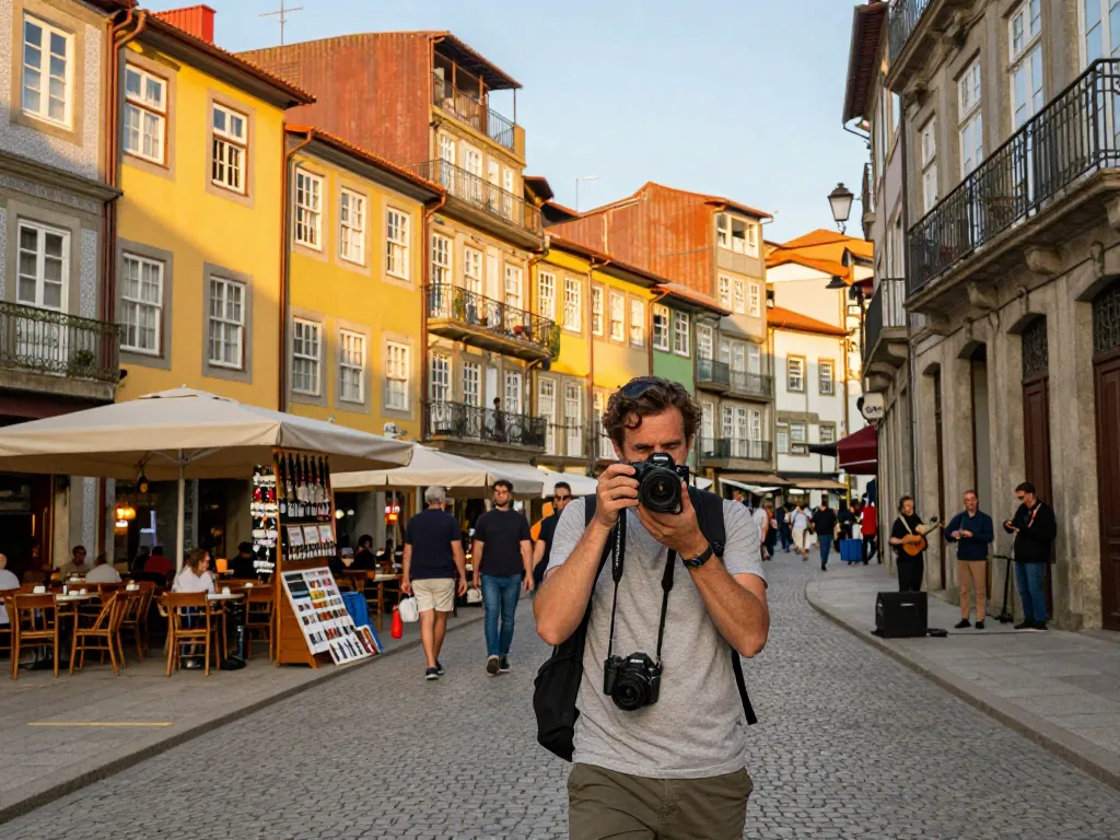 Reisetipps Porto: Lebhafte Straßenansicht mit einem Reisenden, der die pulsierende Kultur von Porto festhält.