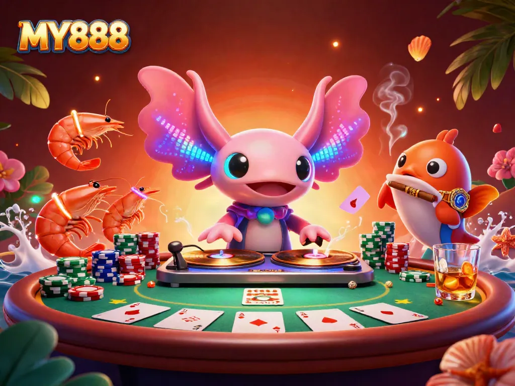 Join the excitement at MY888 with a vibrant casino underwater scene featuring colorful characters and poker elements.