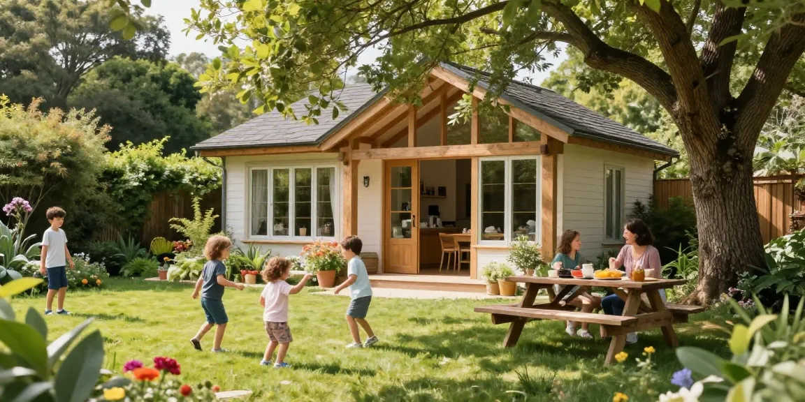 Gartenhäuser in einem idyllischen Garten mit spielenden Kindern und Entspannung für Erwachsene