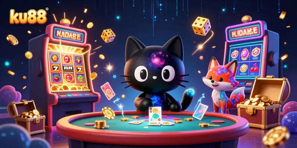 ku88 cat attracts golden chips at a cosmic casino table in a vibrant 3D illustration.