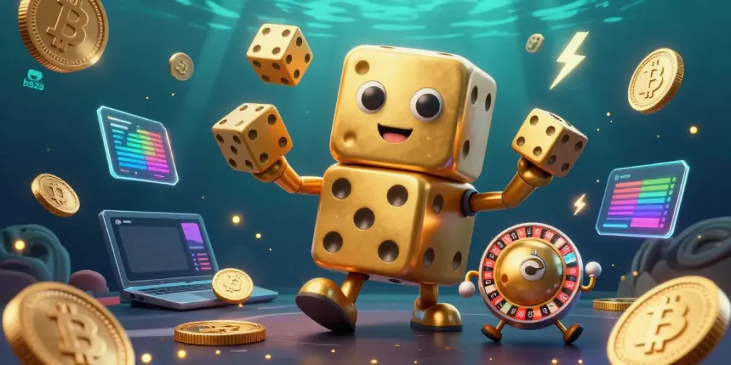 Engage with b52a in this vibrant 3D casino scene featuring a golden dice golem and crypto elements.