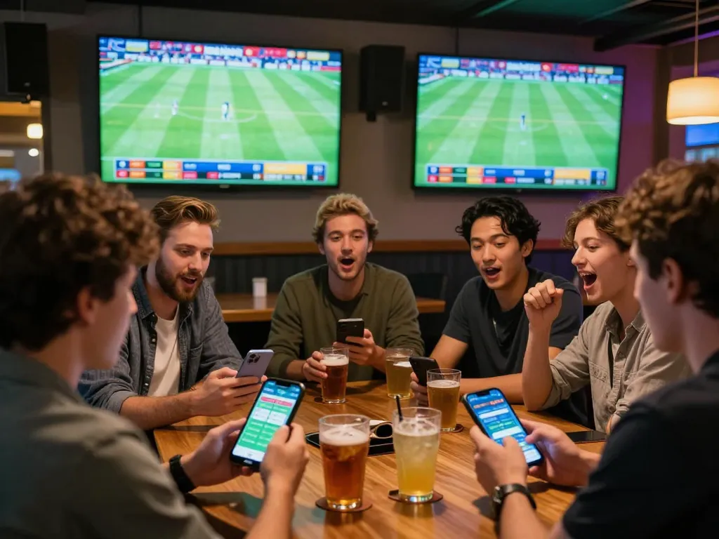 Friends discussing kèo nhà cái while watching football match in lively sports bar