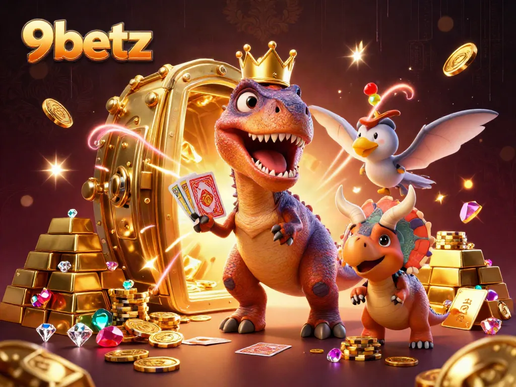 Experience thrilling gameplay at 9betz with a playful T-Rex and colorful casino elements.