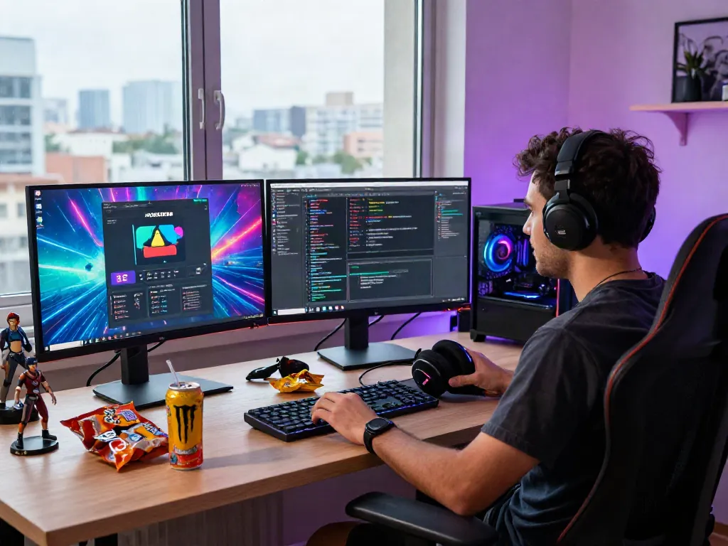 Developer coding ROKOK88 apk in a vibrant gaming workspace with dual monitors.
