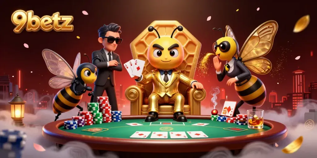 Engage with 9betz as the bumblebee mob boss presides over a bustling casino scene.