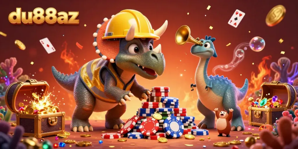 Experience thrilling gameplay at du88az with a vibrant 3D scene of a triceratops building poker chips and celebrating.