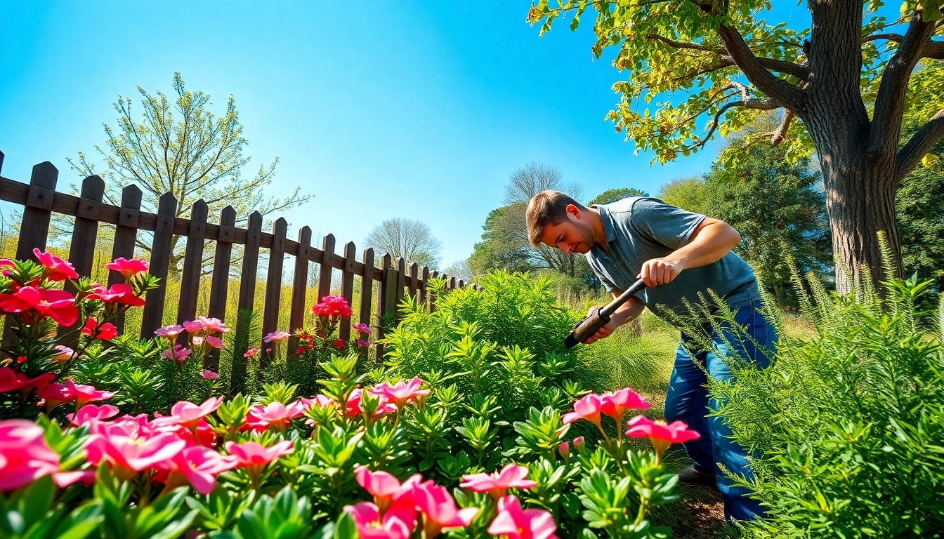 Gartenbaubetrieb arbeitet in einem blühenden Garten mit bunten Pflanzen.