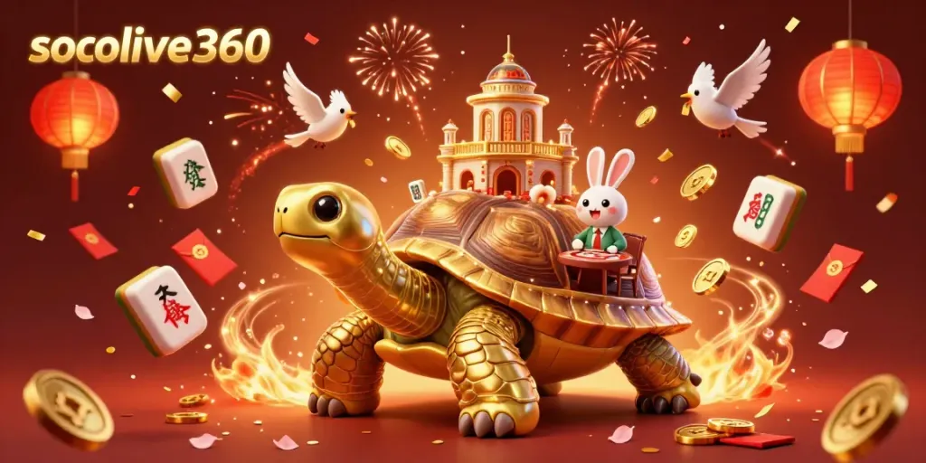 Socolive360 brings exciting gambling thrills with a dynamic tortoise casino illustration featuring gold coins and festive elements.