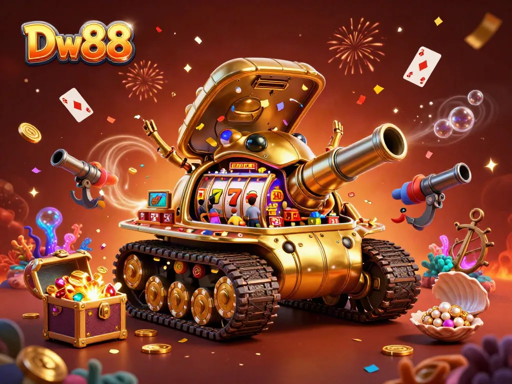 The Dw88 casino experience features dynamic slots and festive celebrations in 3D digital illustration.