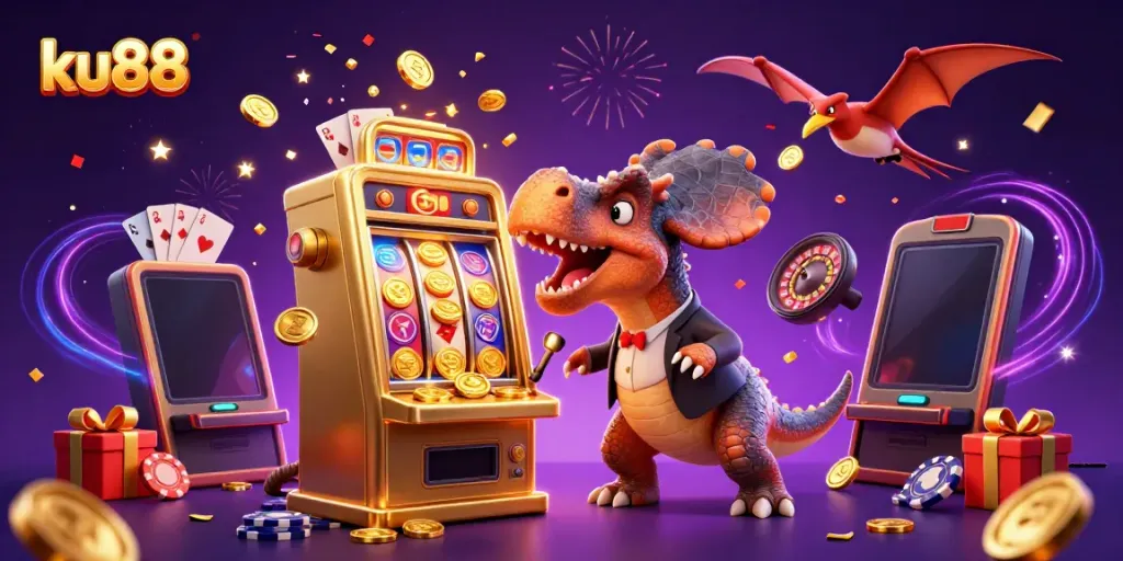 ku88 dinosaur headbutts a slot machine as coins fly in a dynamic casino scene