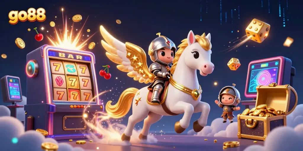 Experience the excitement of go88 with a 3D majestic scene featuring a celestial horse and gaming elements.