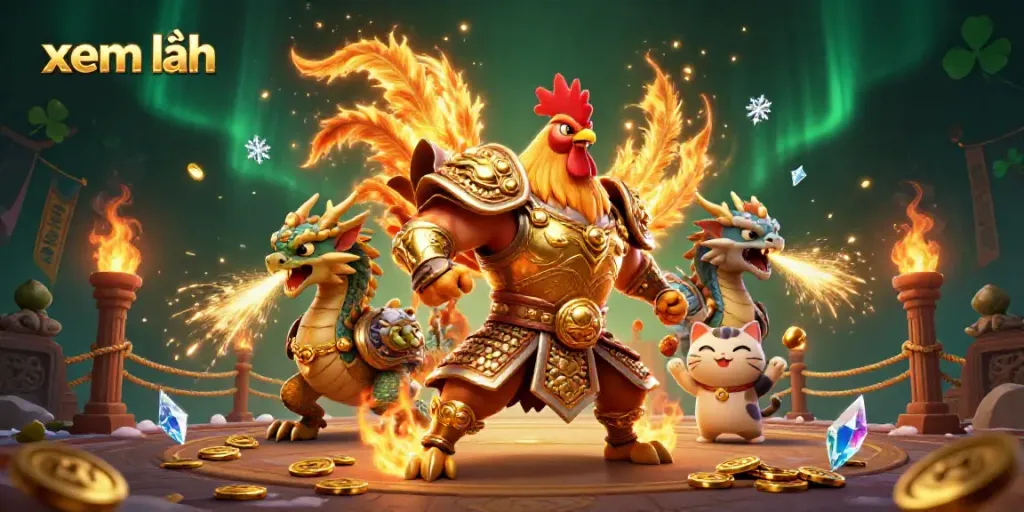 Xem thêm the breathtaking scene of a fierce rooster warrior, a dragon hatchling, and a cheering fortune cat amidst casino-themed elements.
