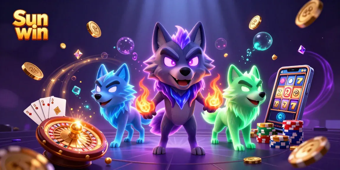 Play slots and win big at Sun win with vibrant 3D illustration of casino elements and lucky symbols.