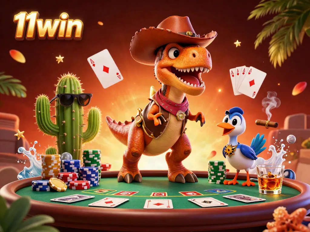 11win poker T-Rex and friends enjoying a vibrant casino scene filled with colorful poker chips and cards.