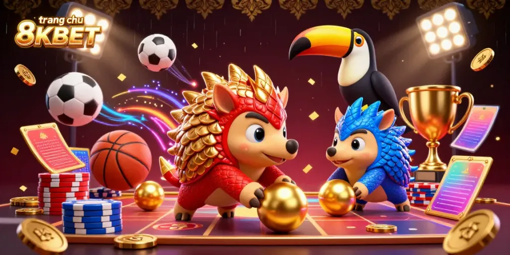 Engaging scene of rival pangolins playing on trang chủ 8KBET with stacks of poker chips and vibrant elements.