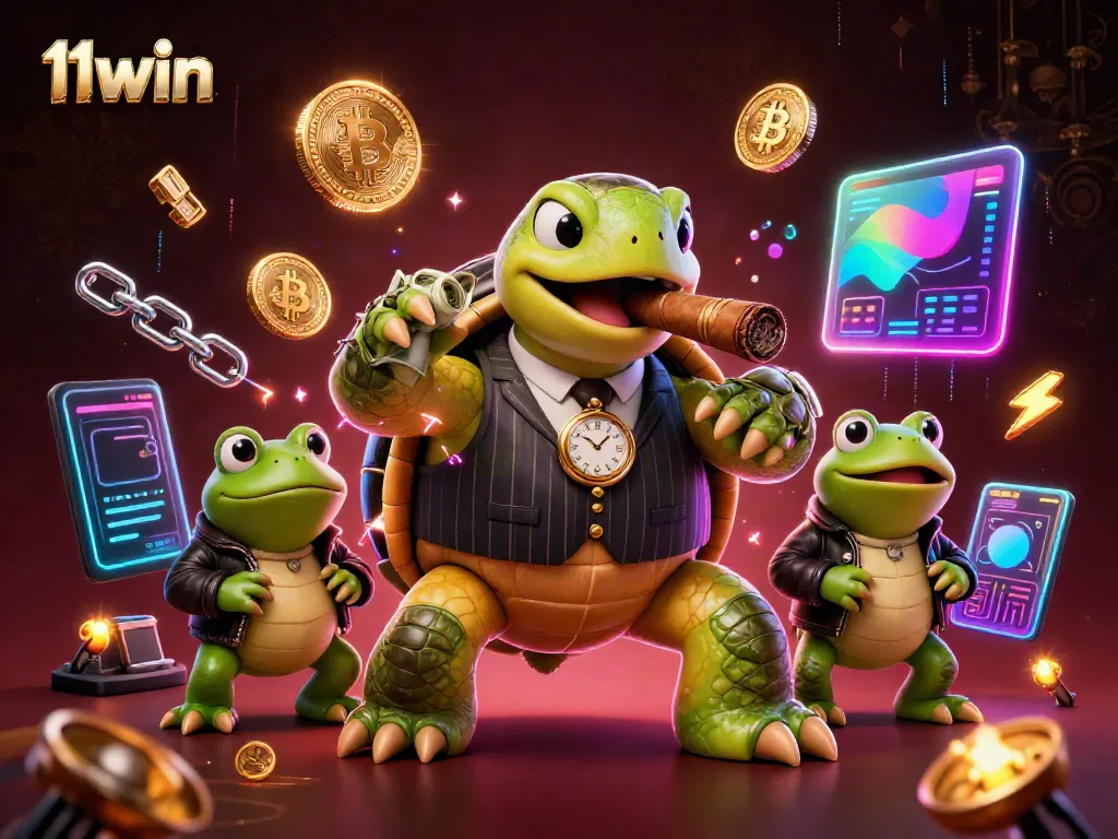 Engage with 11win's vibrant casino vibe through this dynamic illustration featuring a mobster turtle and bullfrog enforcers.