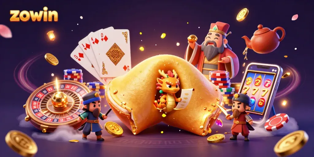 Zowin's exciting casino adventure showcases golden treasures, dragon wisdom, and vibrant gaming elements.