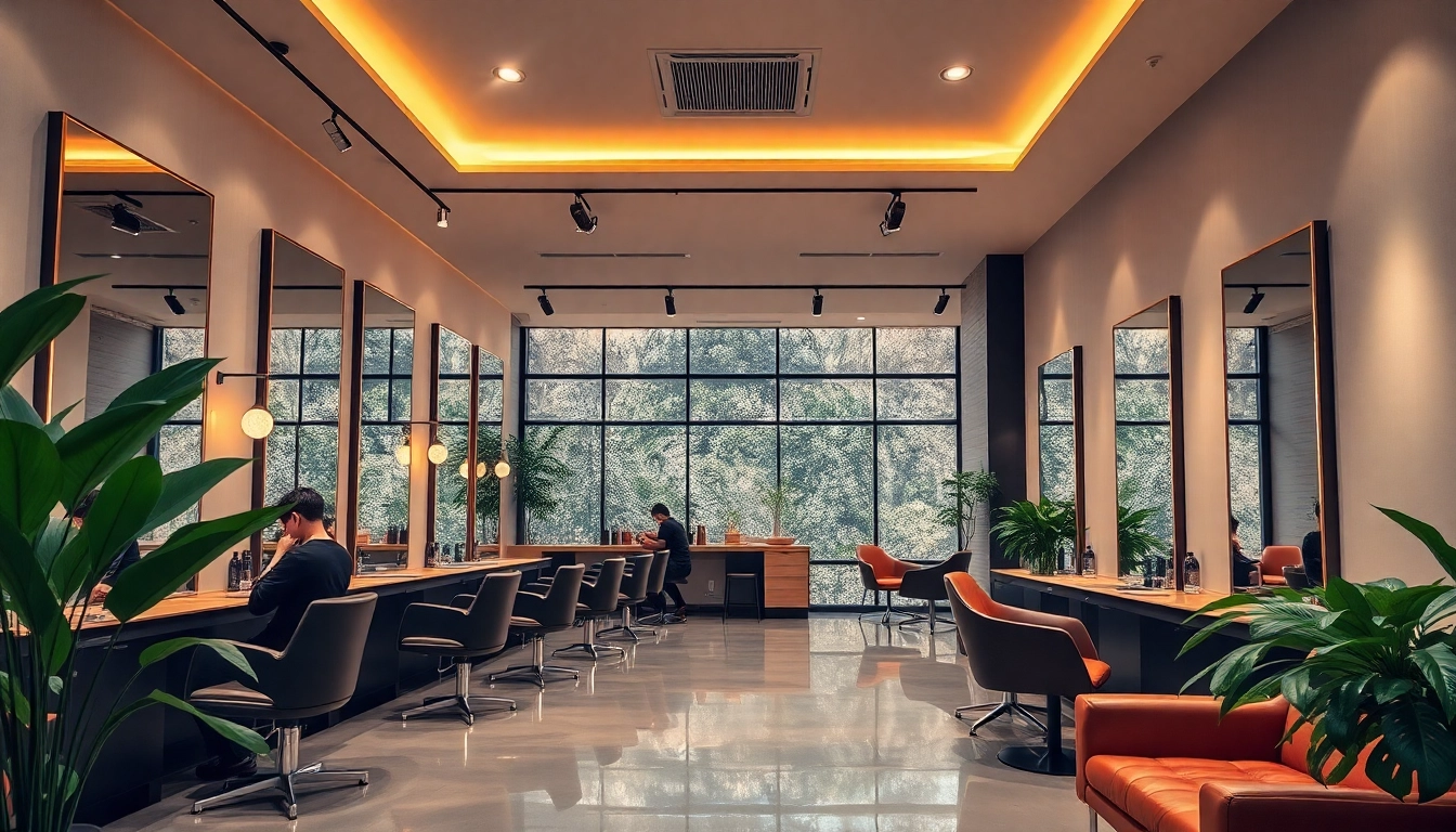 서울 헤어샵 with stylish interiors, cozy lighting, and trendy hair styling stations.