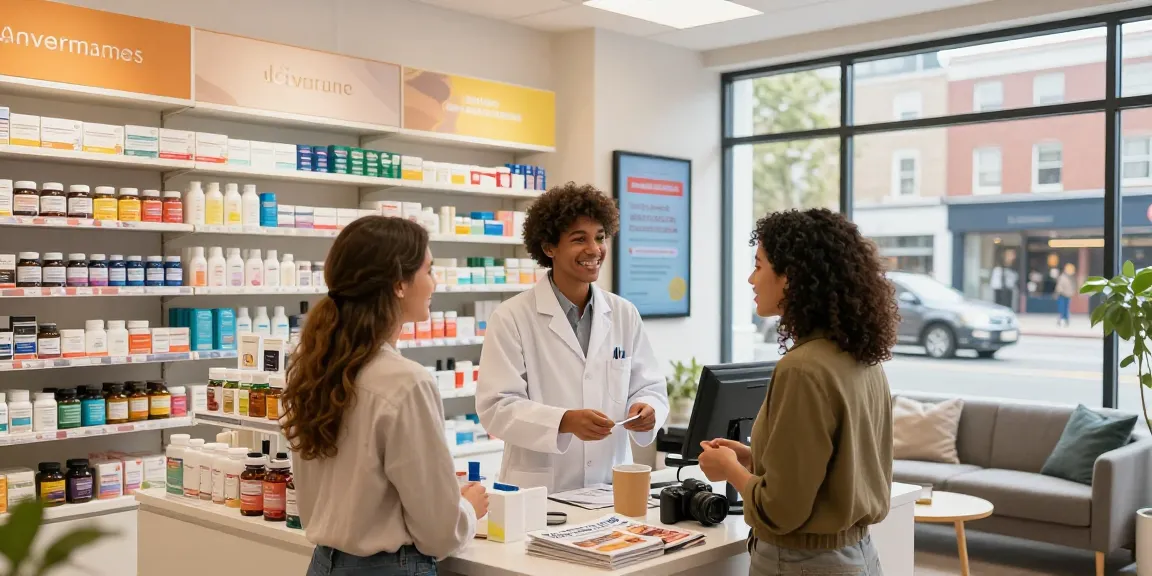 Medi Pharma Apotheke mit einem engagierten Apotheker, der Kunden in einem hellen Einzelhandelsumfeld mit Gesundheitsprodukten unterstützt.