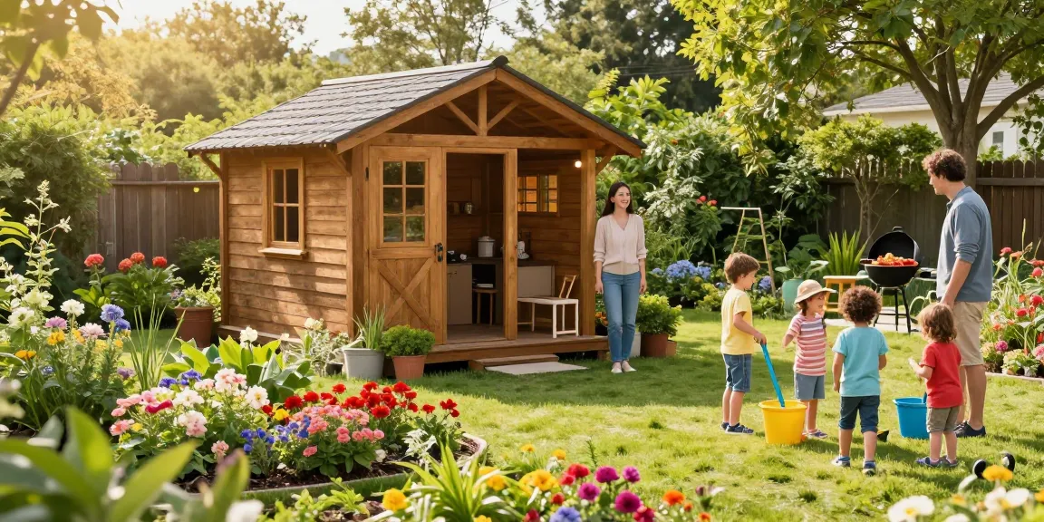 Gartenhaus als Rückzugsort im bunten Garten mit Familie und Kindern.