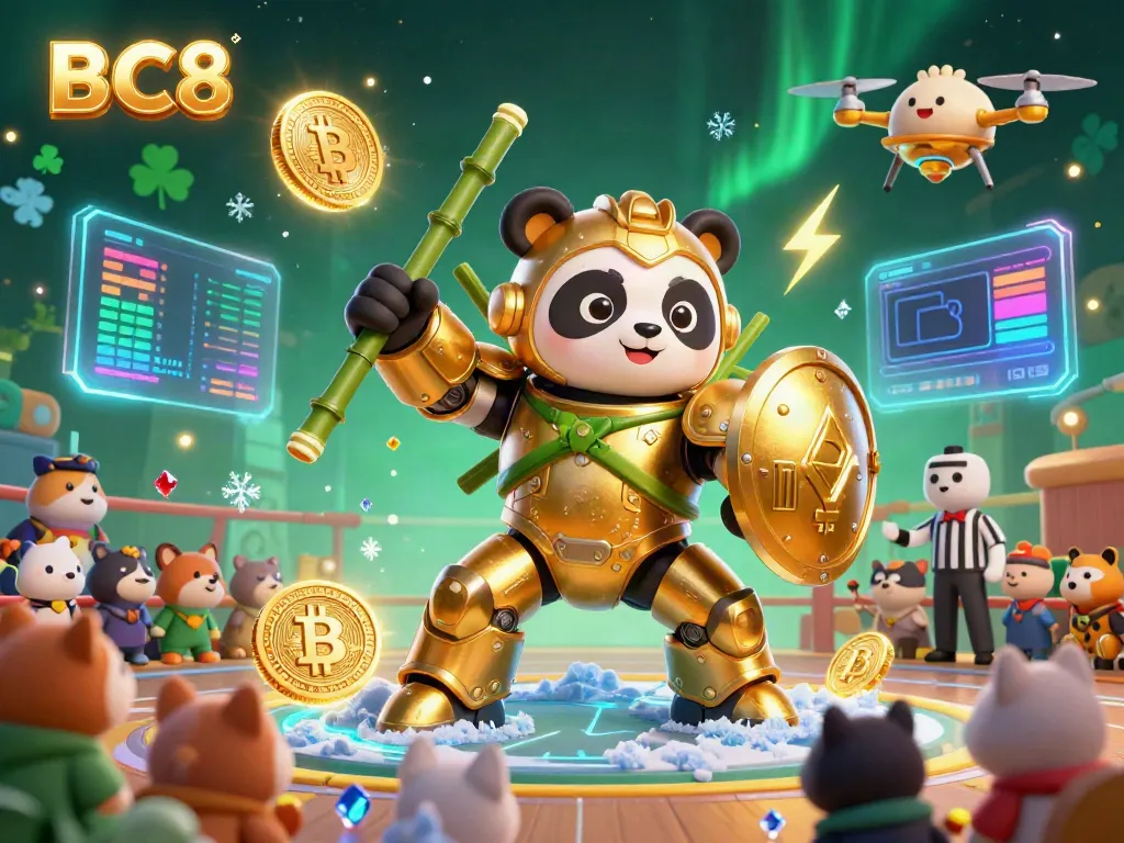 Experience excitement with BC8 as a golden panda battles in a vibrant gambling arena surrounded by crypto elements.