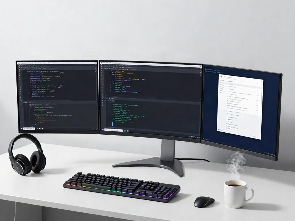 Code review process illustrated in a modern developer workspace with programming tools.