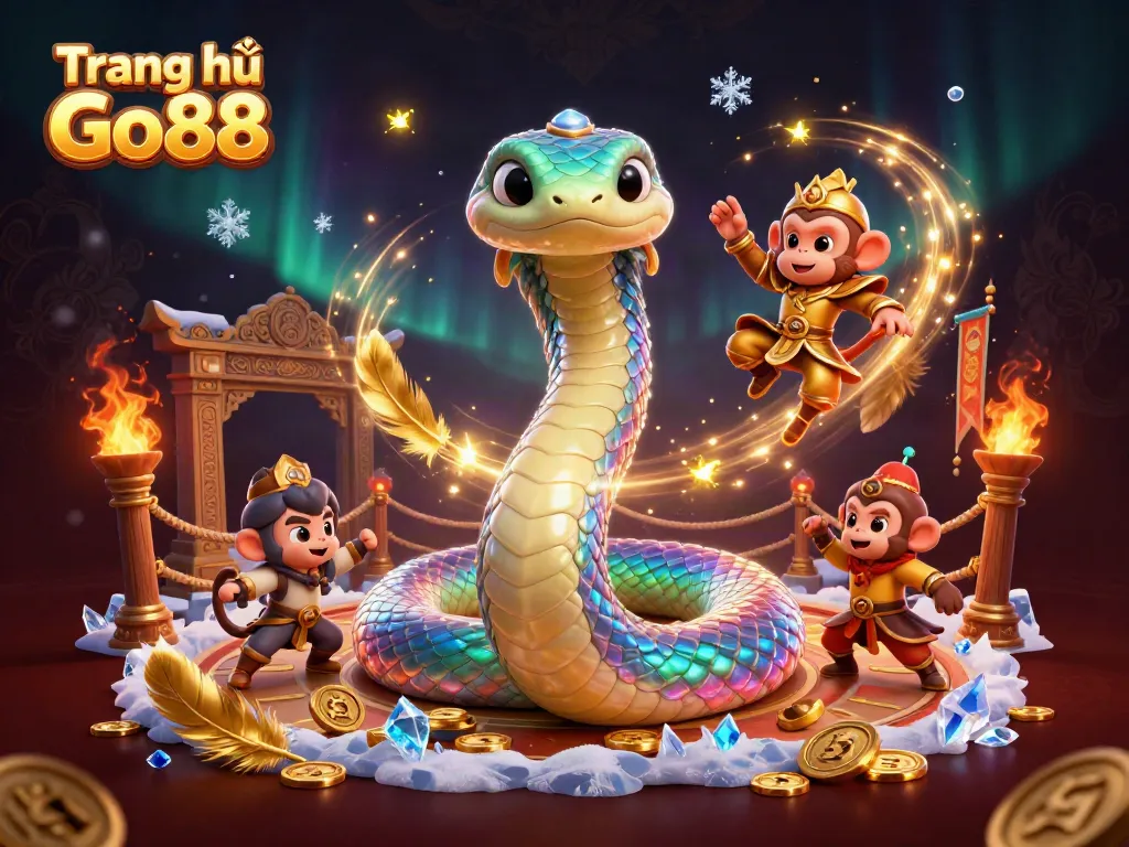 Engage with Trang chủ Go88's vibrant 3D casino scene featuring a colorful serpent and golden monkey king.