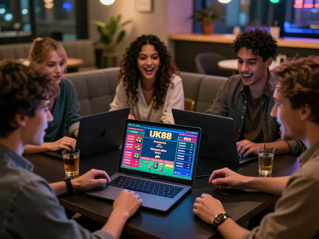 Engaged group gaming on UK88, vibrant online betting atmosphere.