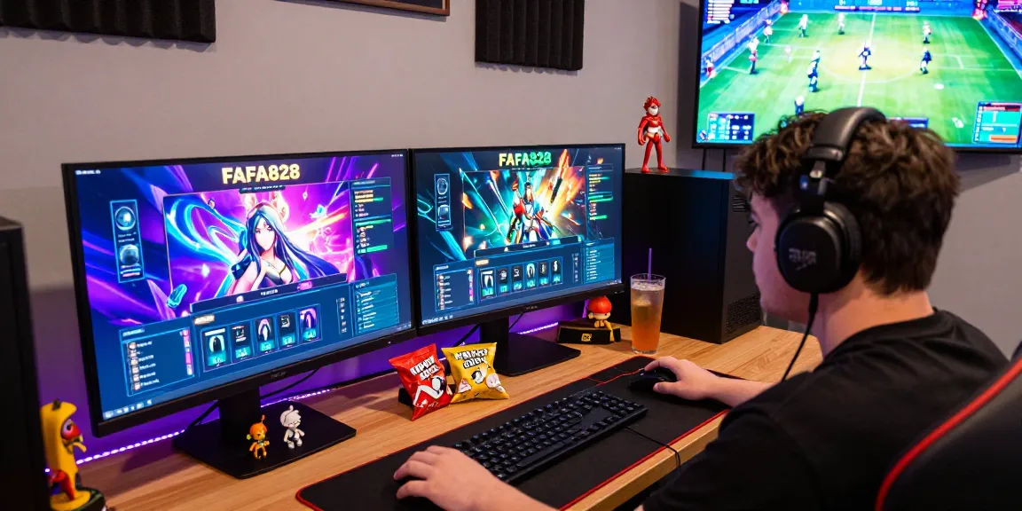 FAFA828 gaming setup with player engaged in online gaming, high-tech environment.