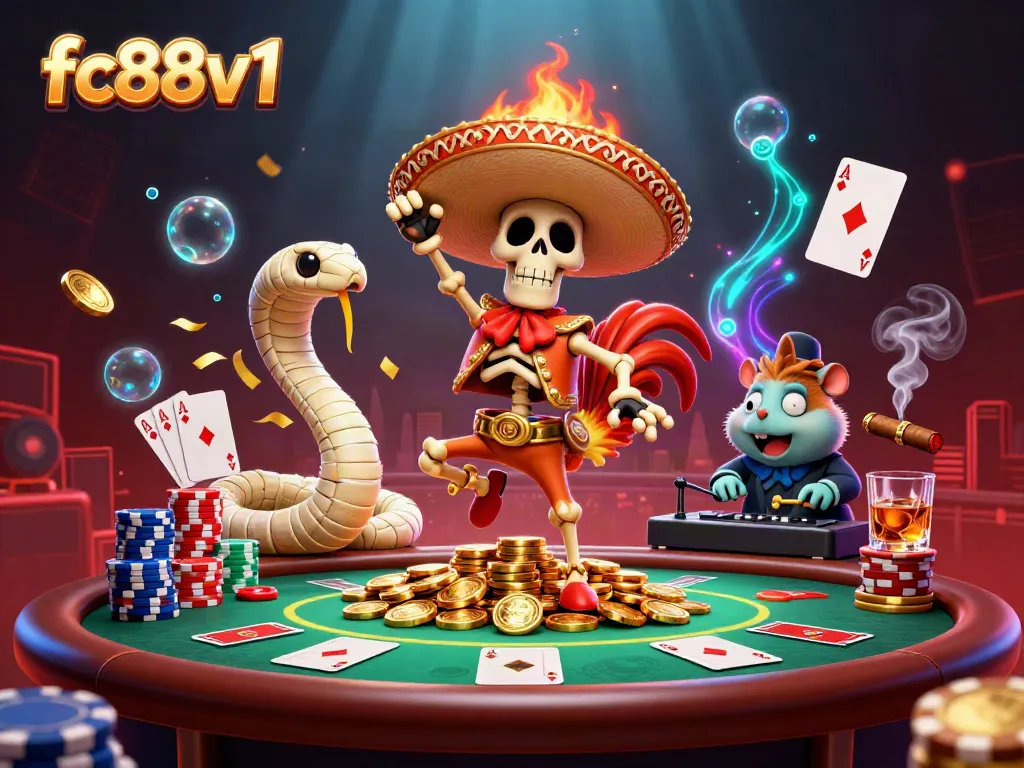 Experience excitement with fc88v1 as lively characters celebrate victory amidst vibrant casino elements.
