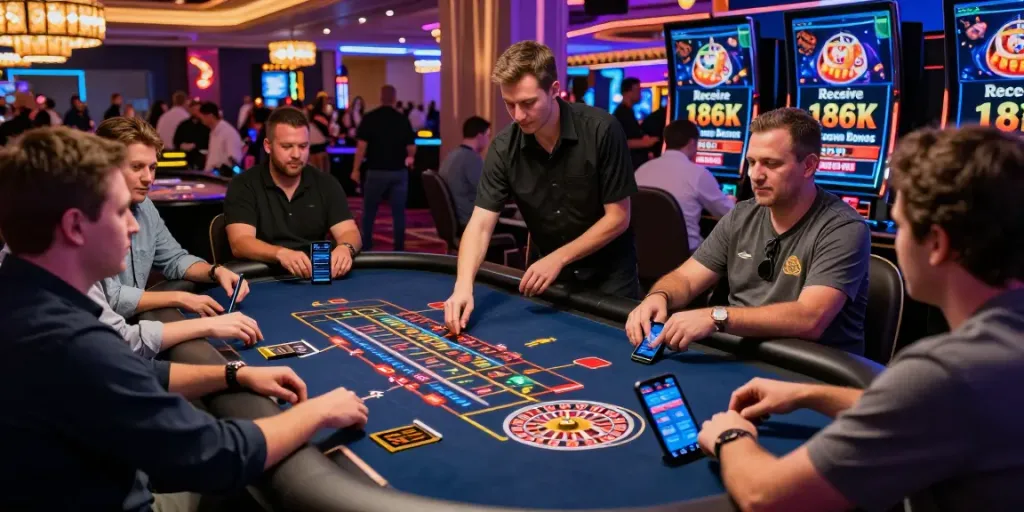 Engaging fc88 online casino atmosphere with players at roulette table and vibrant lights.