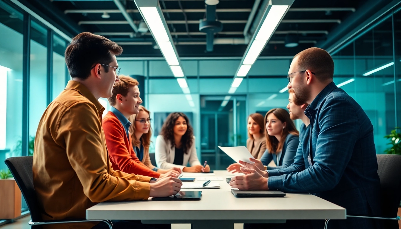 Headhunter IT meeting with candidates in a modern office, showcasing collaboration and professionalism.