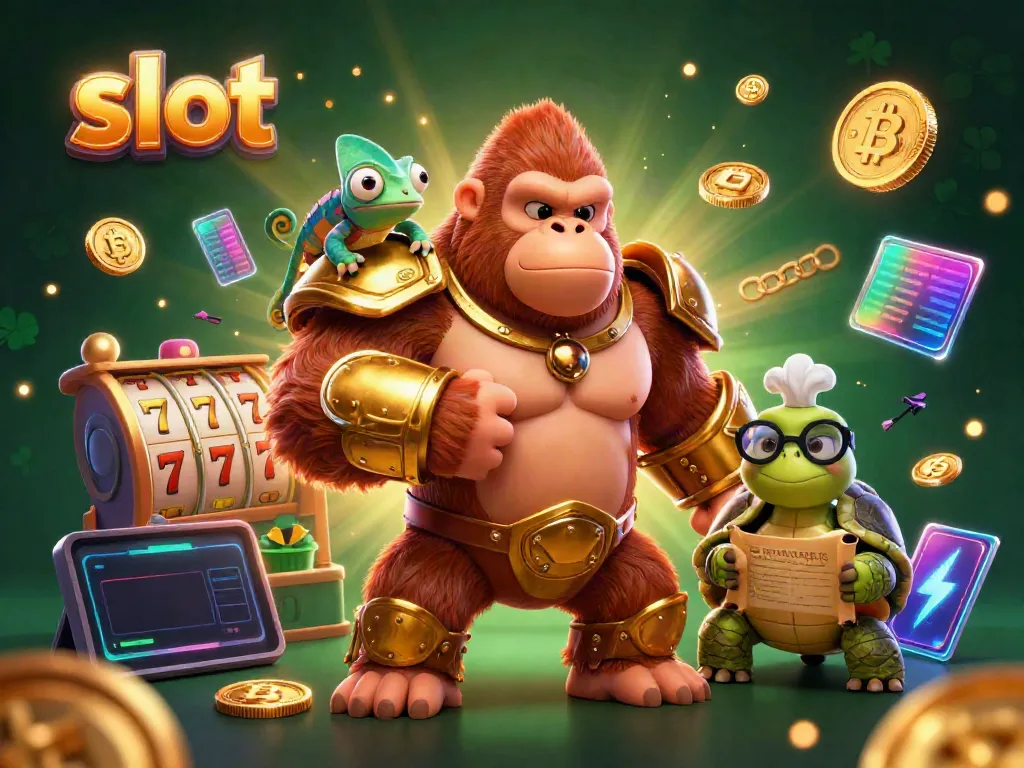 Engage with slot gaming excitement through a dynamic scene with a gorilla king and chameleon companion.