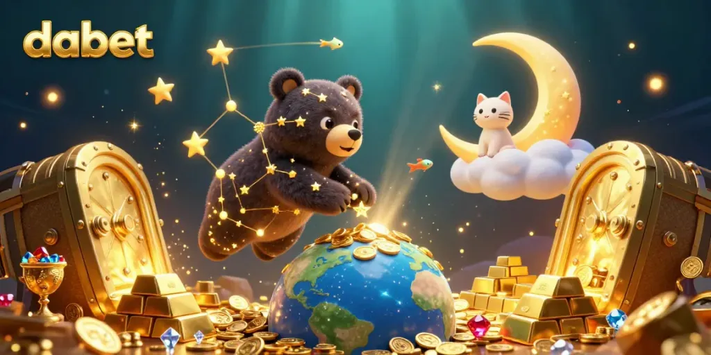 Dabet offers an exciting treasure hunt experience with stars and jewels in a vibrant casino setting.