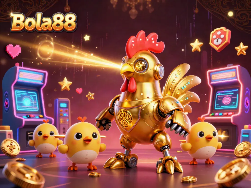 Bola88 showcases a thrilling 3D casino scene with a golden rooster robot and baby chick drones amidst vibrant arcade games.
