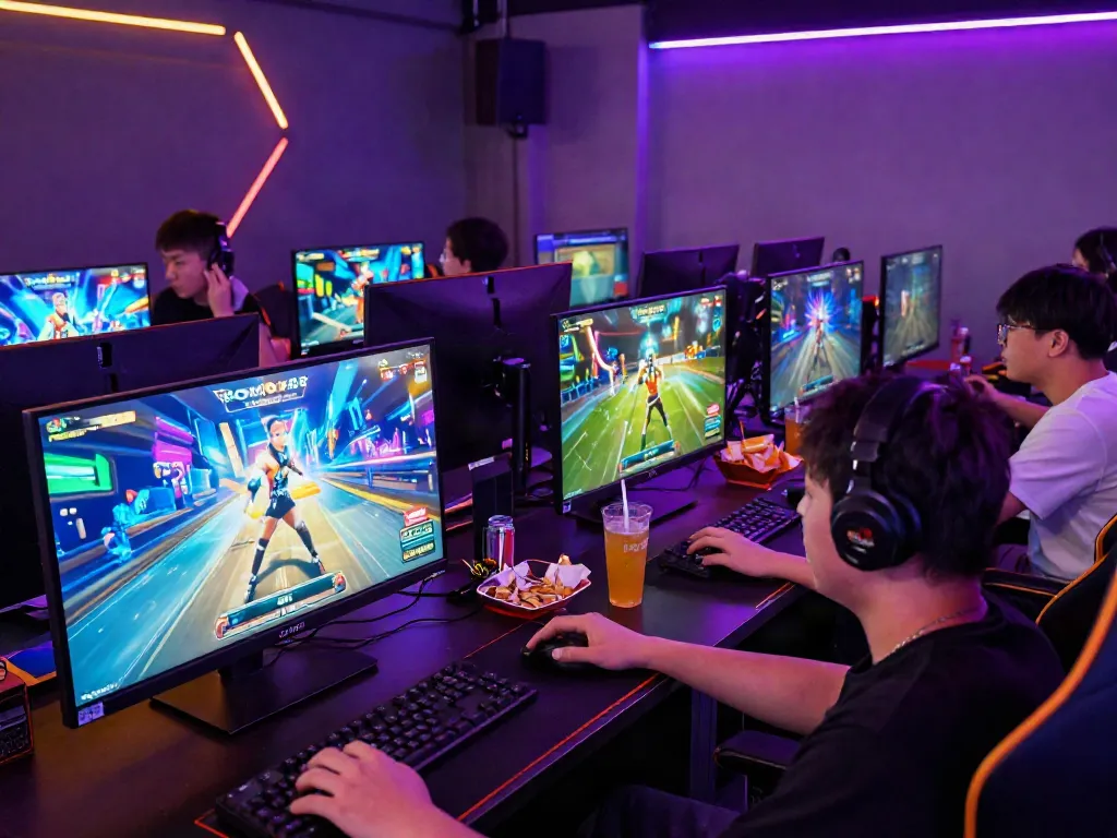 Players enjoying rokok88 super gaming with vibrant screens and snacks.