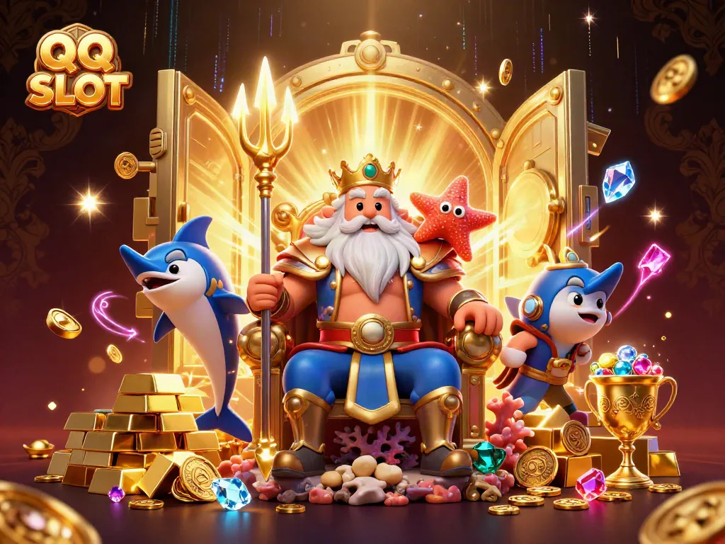 Experience QQ SLOT's captivating 3D illustration with Neptune, treasure, and dynamic casino elements.