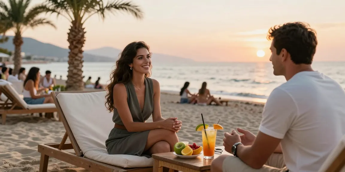 Antalya Ucuz Escort enjoying a beachside conversation with a client at sunset.