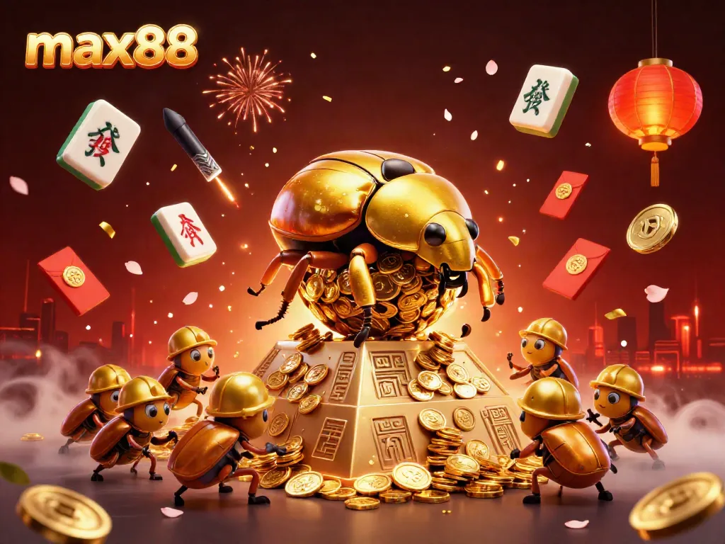 Engage with the exciting world of max88 as golden beetles create a jackpot amidst vibrant casino-themed elements.
